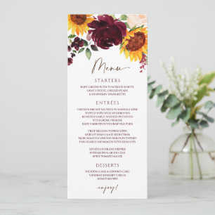Fall Sonnenblumen Rose Burgundy Red Wedding Menu Menükarte