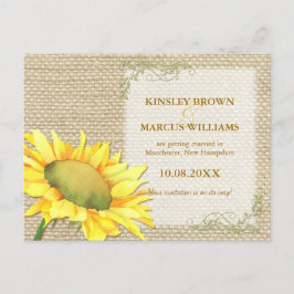 Fall Sonnenblumen Rustikale Burlap Hochzeit retten Ankündigungspostkarte