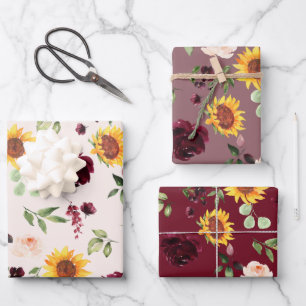 Fall Sonnenblumen und Burgunder Rose Brautparty Geschenkpapier Set