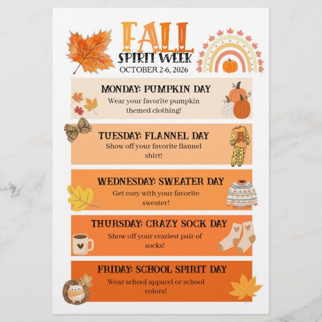 Fall Spirit Week Flyer, Herbst School Spirit Week Flyer (Vorne)