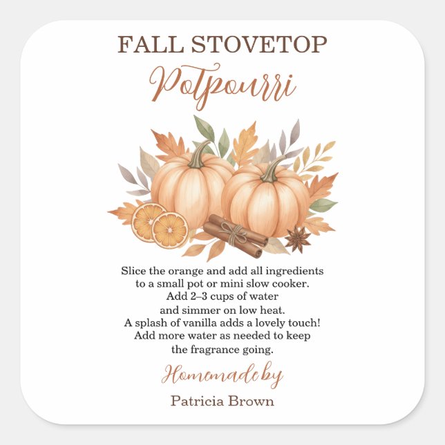 Fall Stovetop Potpourri Recipe Pumpkin Quadratischer Aufkleber (Vorderseite)