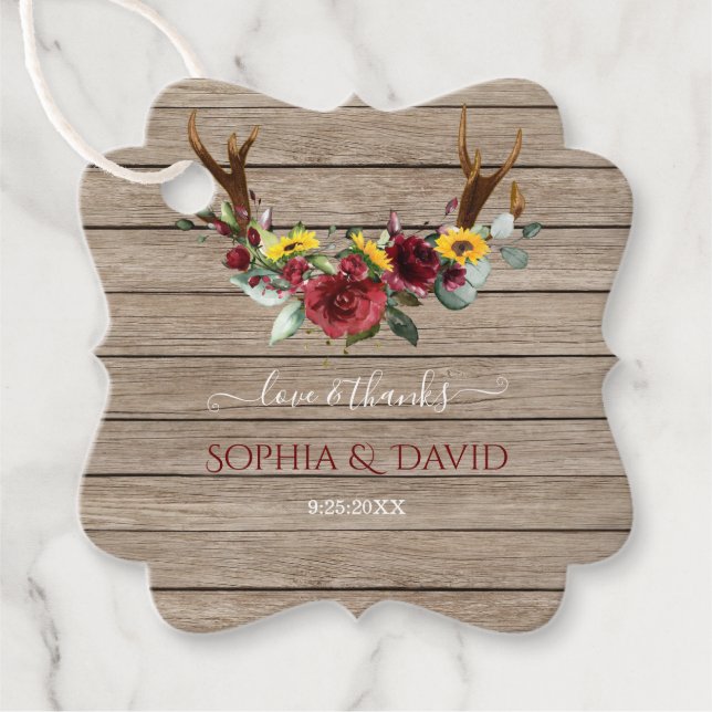 Fall Sunblumen Antlers Barn Wood Wedding Geschenkanhänger (Vorderseite)
