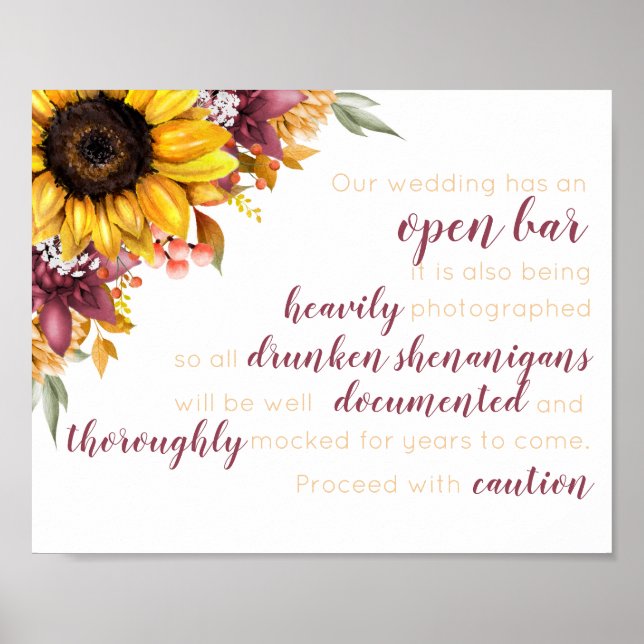 Fall Sunflower Open Bar Wedding Poster (Vorne)