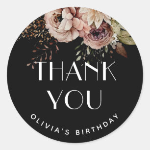 Fall Sweet 16 Danke   Black Boho Floral Favoriten Runder Aufkleber