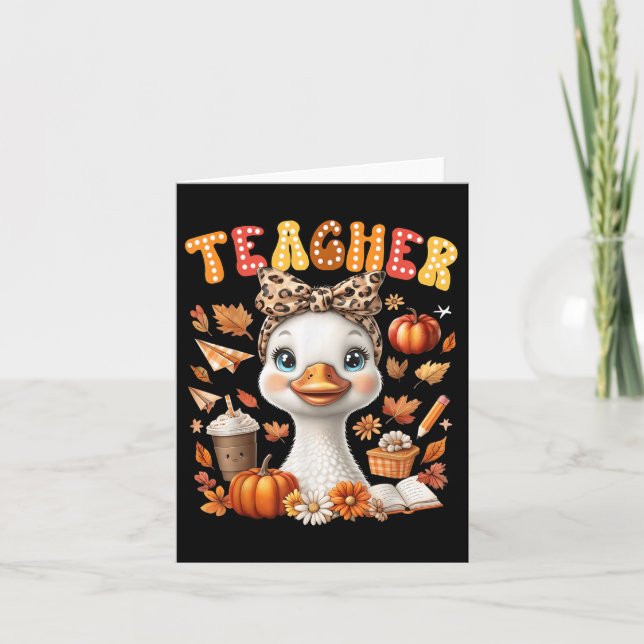 Fall Teacher Goose Leopard Bow Coquette Herbstpfei Karte (Vorderseite)