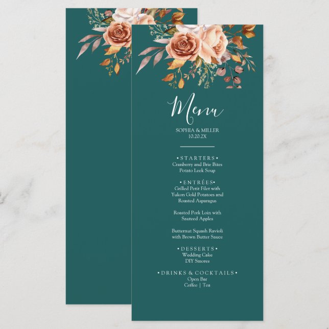 Fall Teal Watercolor Terracotta Floral wedding Menükarte (Vorne/Hinten)