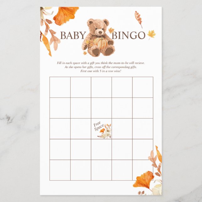 Fall Teddy Bear BINGO Babydusche Flyer (Vorne)