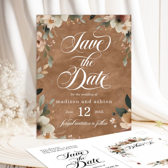 Fall Terracotta-Kernhochzeit Sichern Sie das Datum Ankündigungspostkarte (Set the scene for your dream wedding with our Ethereal Elegance save the date cards.)