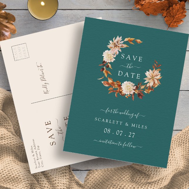 Fall Terracotta Wreath Wedding Save the Dates Anno Ankündigungspostkarte (Fall Terracotta Wreath Teal Wedding Save the Dates Announcement Postcard by Painted Paperie
)