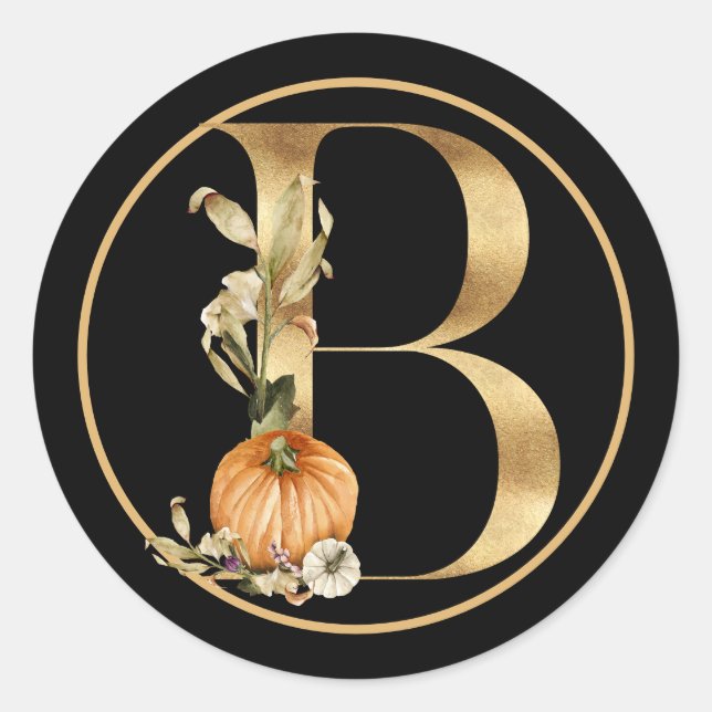 FALL THEMA GOLD MONOGRAM B MIT PUMPKINS RUNDER AUFKLEBER (Vorderseite)