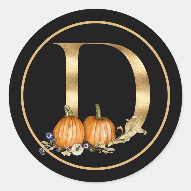 FALL THEMA GOLD MONOGRAM D MIT PUMPKINS RUNDER AUFKLEBER (Vorderseite)