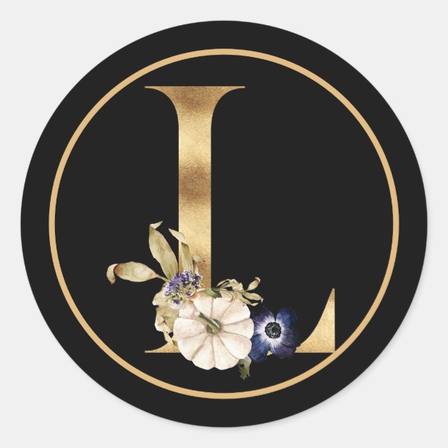 FALL THEMA GOLD MONOGRAM L MIT PUMPKINS RUNDER AUFKLEBER (Vorderseite)