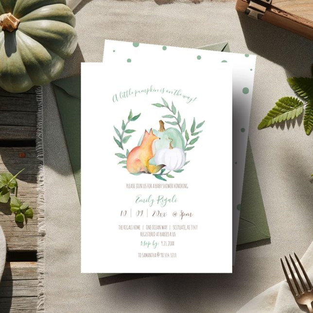 Fall Themed Fox und Pumpkin Baby Dusche Einladung (Gender neutral baby shower invitations fall woodland fox green and what pumpkin greenery watercolor)
