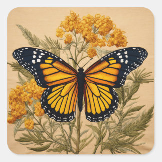 Fall Themed Monarch Butterfly auf Goldenrod Blume Quadratischer Aufkleber