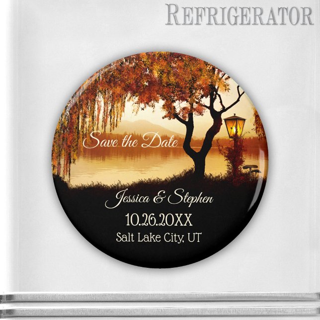 Fall Tree Lake View Speichern Sie das Date Magnet (A fall Save the Date magnet featuring a colorful autumn tree and festive lantern overlooking a lake.)