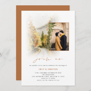 Fall Trees Foto QR Jos Us Terracotta Wedding Einladung