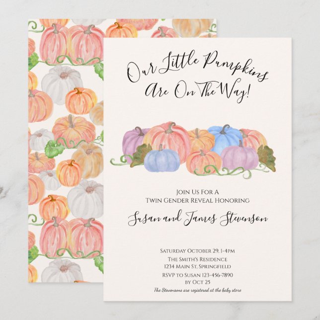 Fall Twin Gender Offenbarung Little Pumpkin Thema Einladung (Vorne/Hinten)