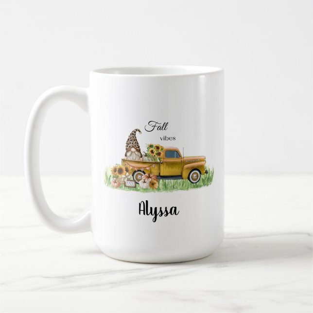Fall Vibes Leopard Gnome Gelbe Lieferwagen Kaffeetasse (Links)