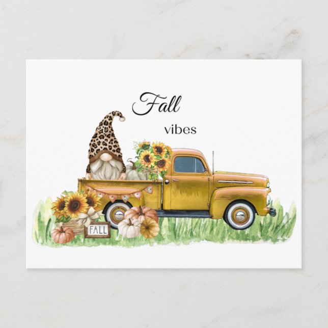 Fall Vibes Leopard Gnome Gelbe Lieferwagen Postkarte (Vorderseite)