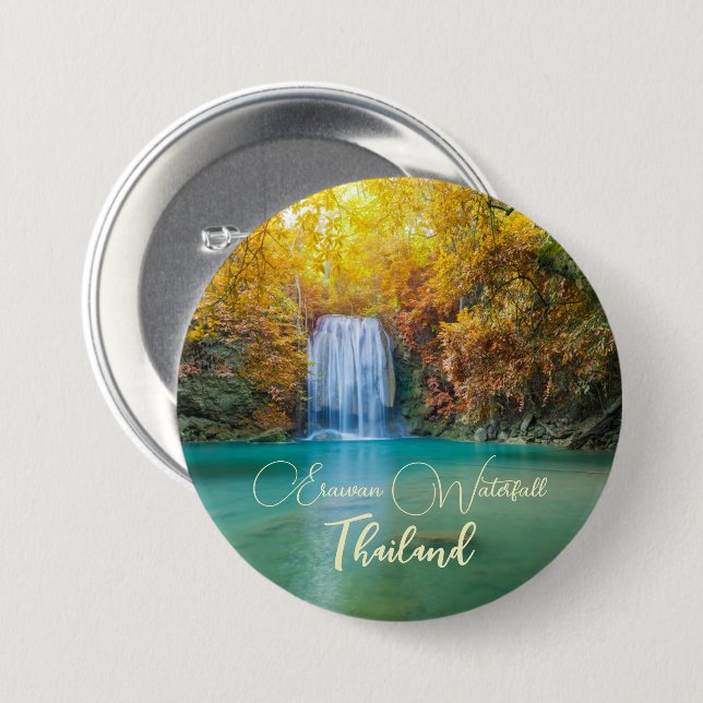 Fall View von Erawan Wasserfall Thailand Button (Vorne & Hinten)
