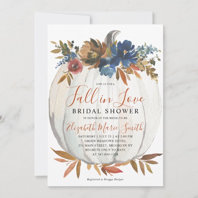 Fall von Liebe Blue Floral Pumpkin Brautparty Einladung (Vorderseite)
