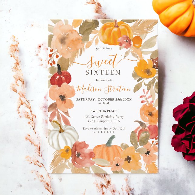 Fall Warm Boho Kürbis Blumenkürbis Sweet 16 Geburt Einladung (Fall Warm Boho pumpkin floral Sweet 16 birthday Invitation)