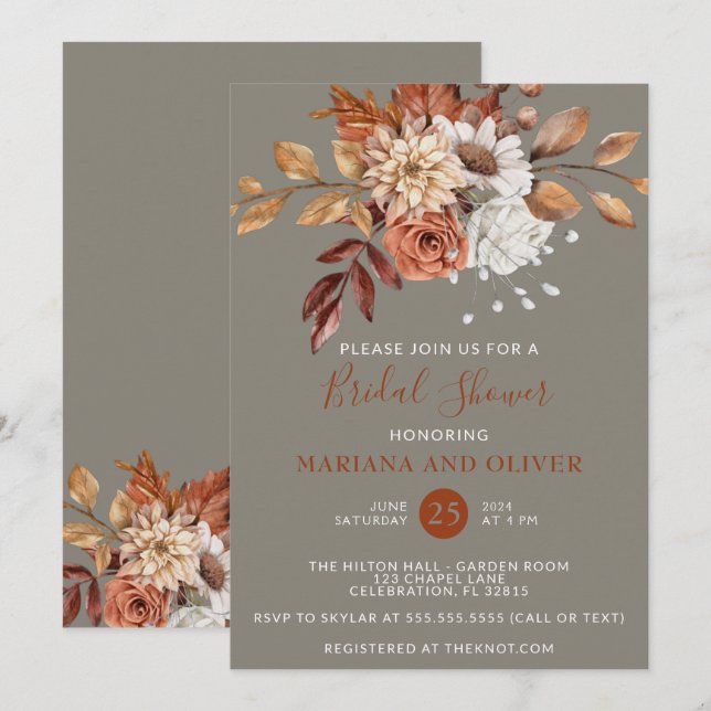 Fall Wasserfarbe Blumengraues Brautparty Einladung (Vorne/Hinten)