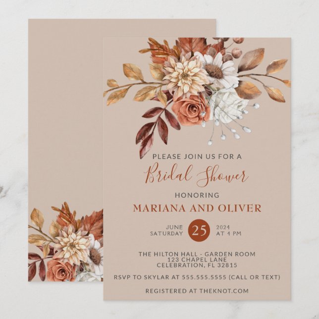 Fall Wasserfarbe Blumentaupe Brautparty Einladung (Vorne/Hinten)
