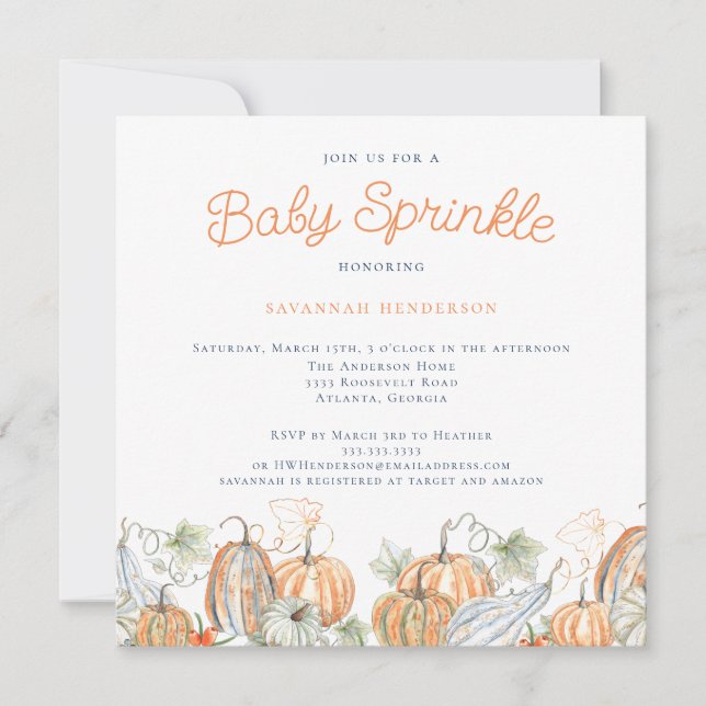 Fall Wasserfarbe Pumpkins Baby Sprinkle Einladung (Vorderseite)
