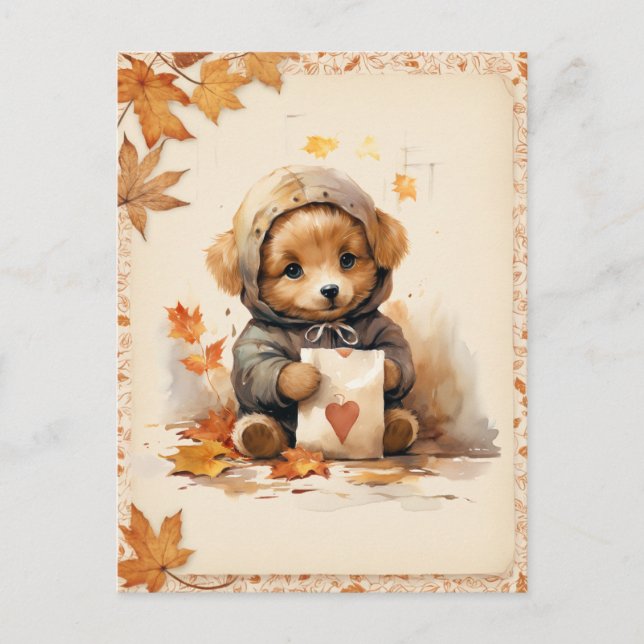 Fall Wasserfarbe Welpe mit einem Buchstaben Postkarte (Vorderseite)