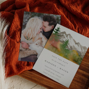 Fall Wasserfarbene Berge Pine Trees Foto Save The Date