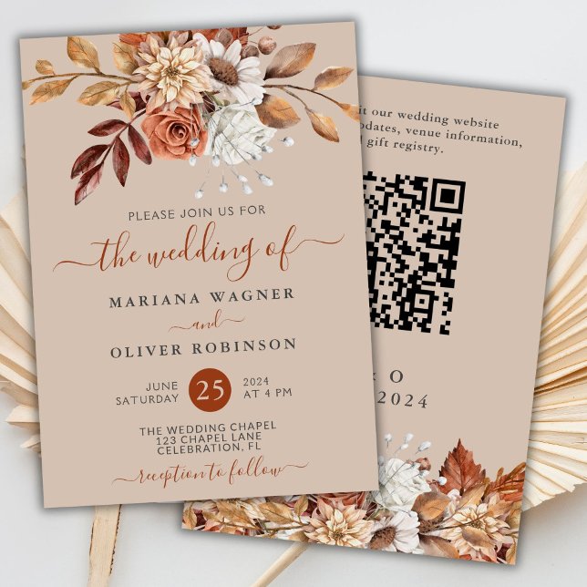 Fall Wasserfarbenfloral auf Beige QR Code Hochzeit Einladung (Von Creator hochgeladen)
