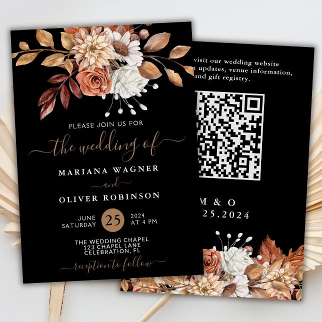 Fall Wasserfarbenfloral auf Black QR Code Hochzeit Einladung (Von Creator hochgeladen)