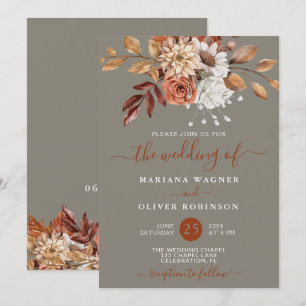 Fall Wasserfarbenfloral auf grauer Hochzeit Einladung