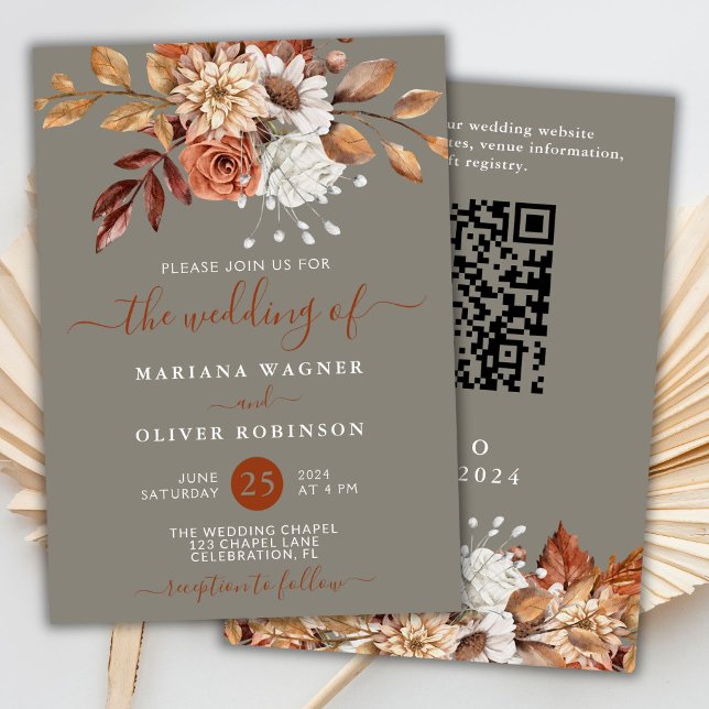 Fall Watercolor Floral Gray QR CodeWedding Einladung (Von Creator hochgeladen)