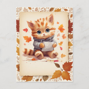 Fall Watercolor Kitten mit einem Buchstaben - Postkarte