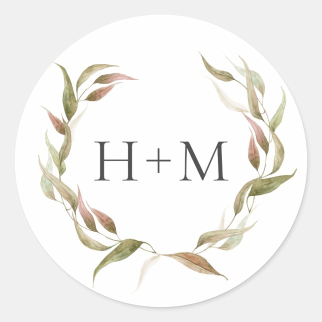 Fall Watercolor Laurel Wreath Monogram Wedding Runder Aufkleber (Vorderseite)