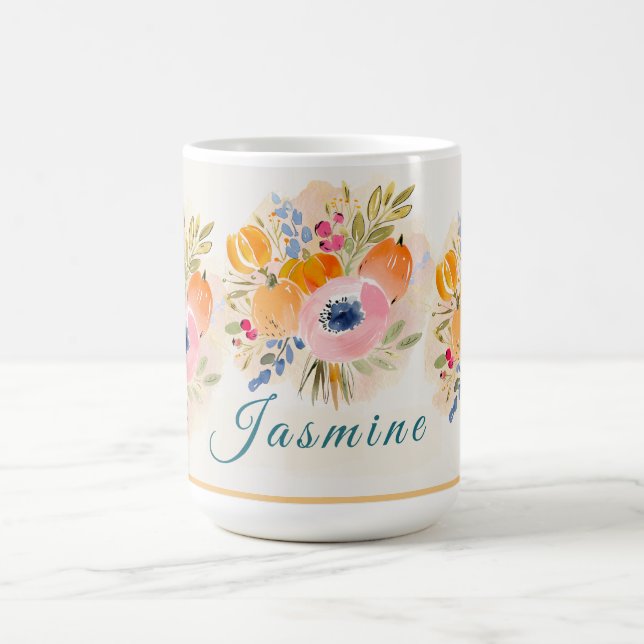 Fall Watercolor Pumpkin & Bloom – Autumn floral Kaffeetasse (Mittel)