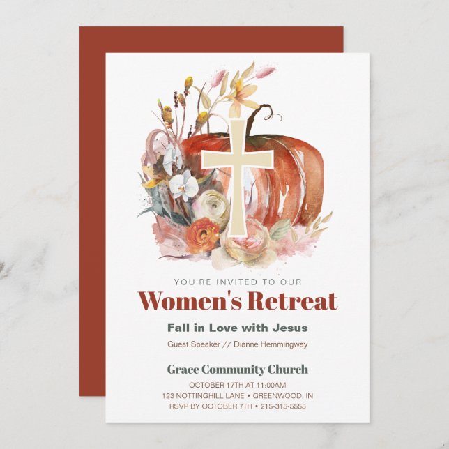 Fall Watercolor Pumpkin & Cross Women's Ministry Einladung (Vorne/Hinten)