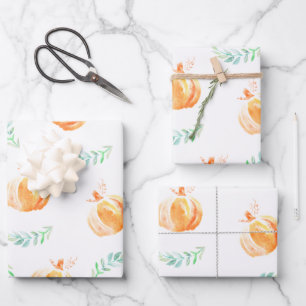 Fall Watercolor Pumpkins & Green Laurels Wrapping  Geschenkpapier Set