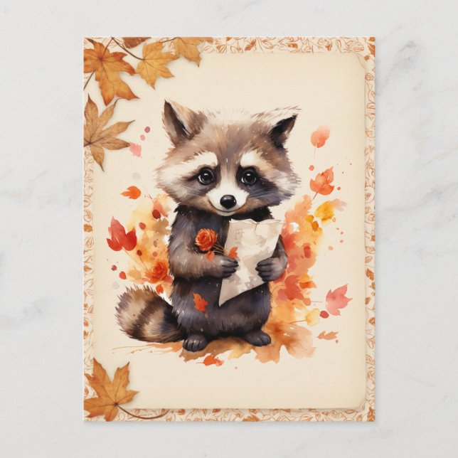 Fall Watercolor Raccoon mit einem Buchstaben - Postkarte (Vorderseite)