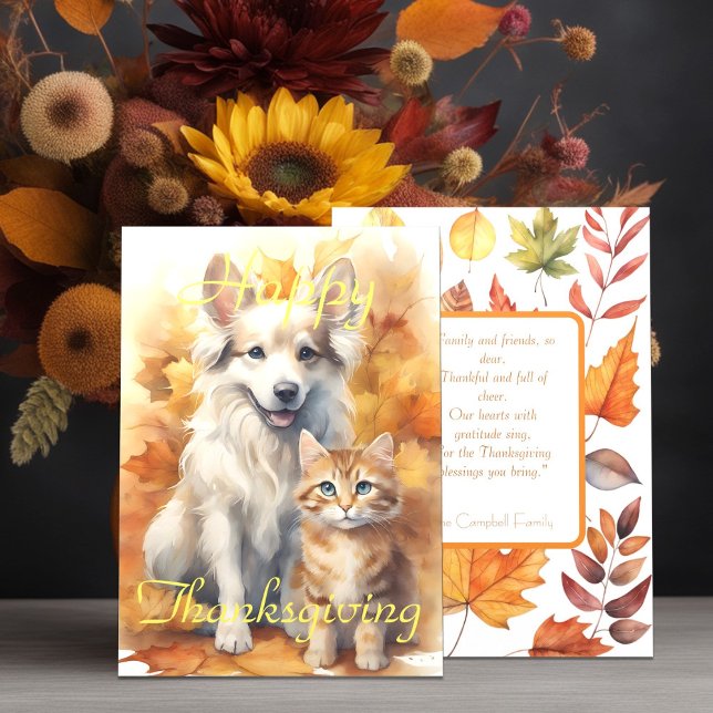 Fall White Collie Dog & Tabby Kitten Erntedank Karte (Von Creator hochgeladen)