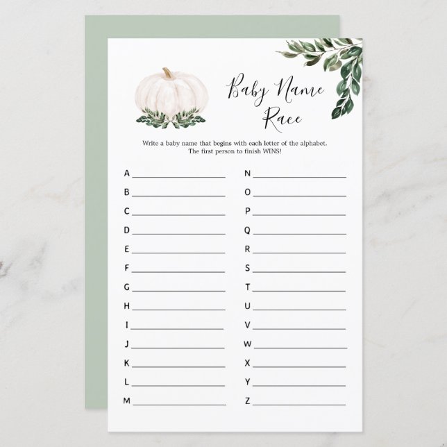Fall White Pumpkin Baby Name Race Game Cards (Vorne/Hinten)