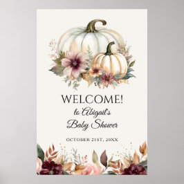 Fall White Pumpkin Burgundy Floral Begrüßungszeich Poster