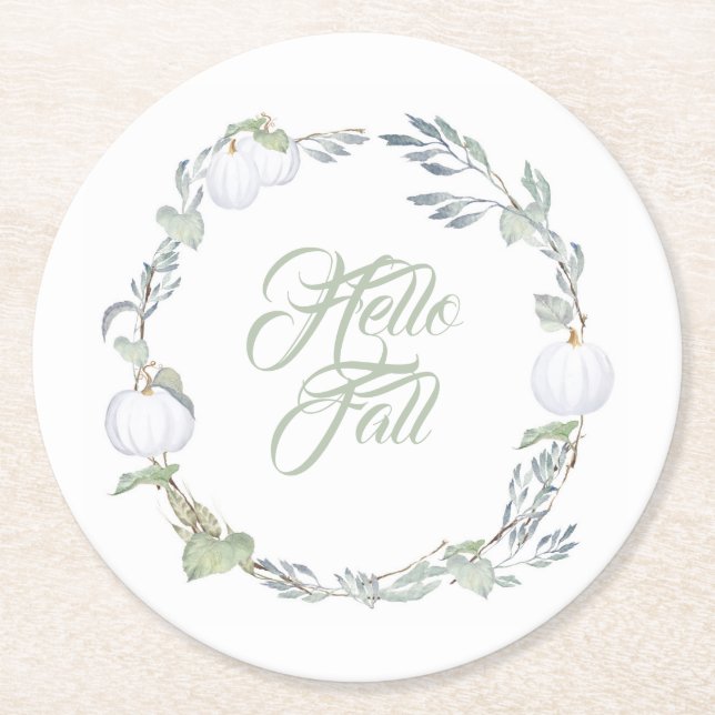 Fall White Pumpkin & Greenery Round Paper Unterset Runder Pappuntersetzer (Vorderseite)