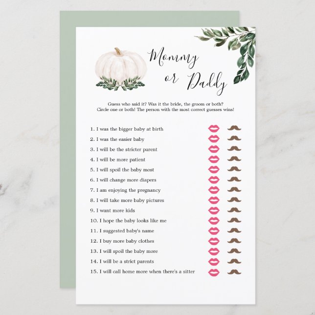 Fall White Pumpkin Mommy oder Daddy Game Cards (Vorne/Hinten)