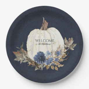 Fall White Pumpkin Navy Dusty Blue Brown Foliage Pappteller