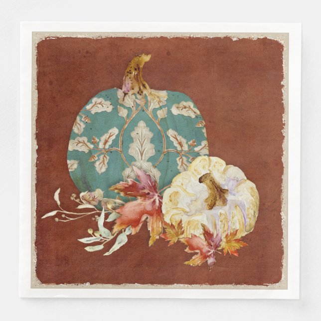 Fall White Pumpkin w Oak Leaf Muster Wasserfarbe Serviette (Vorderseite)