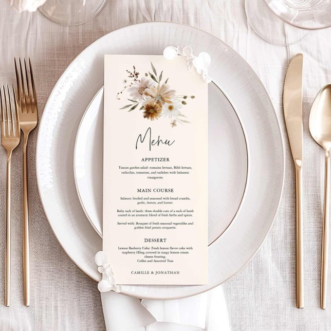 Fall-Wildblume-Hochzeitmenü Menükarte (Wildflower Boho Fall Menu Card)