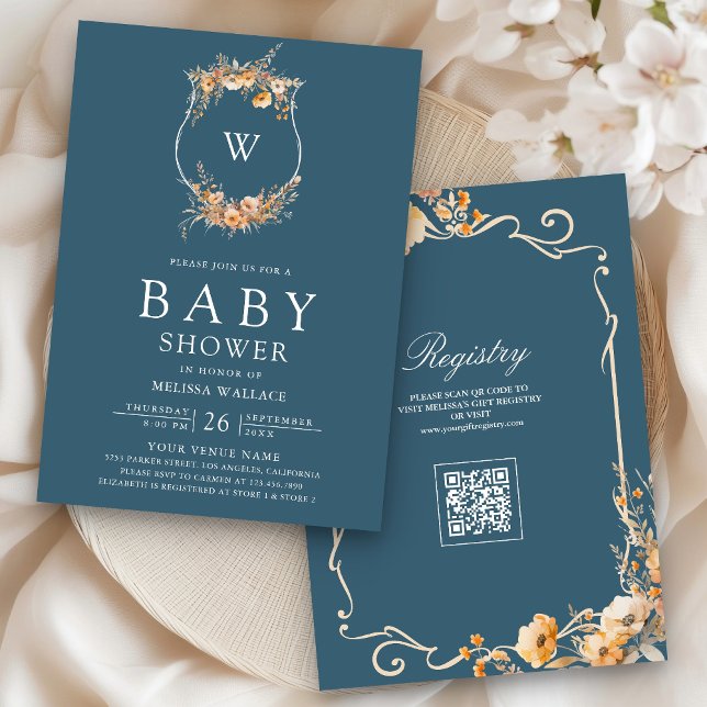 Fall Wildblume QR Code Dusty Blue Baby Shooter Einladung (Von Creator hochgeladen)